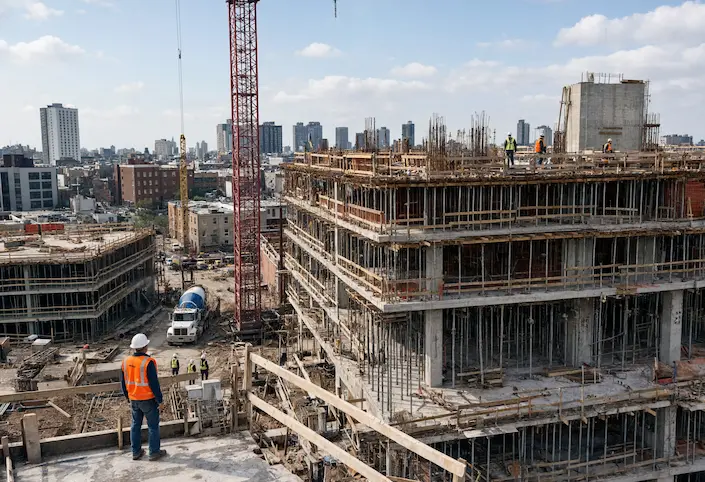a wide elevated view of a mid-rise build with crane, scaffolding, and the city skyline.